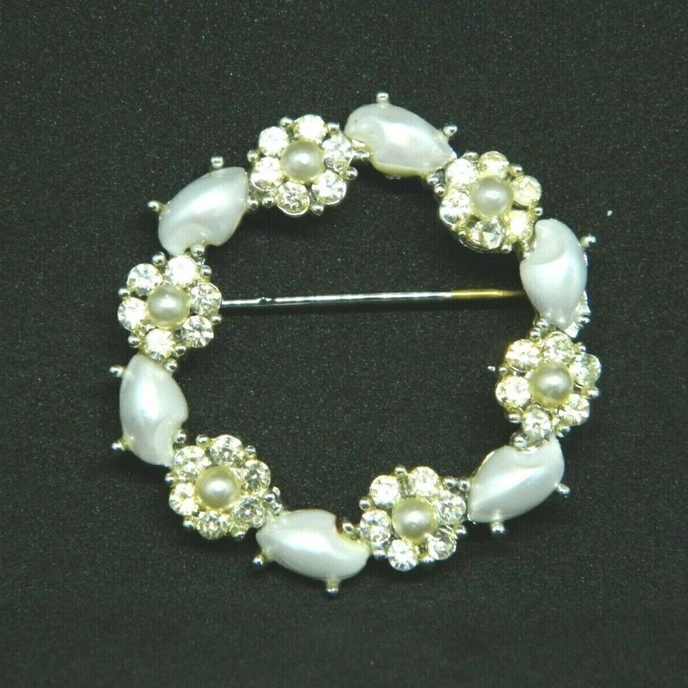 Clear Rhinestone Faux Baroque Pearl Silver Tone